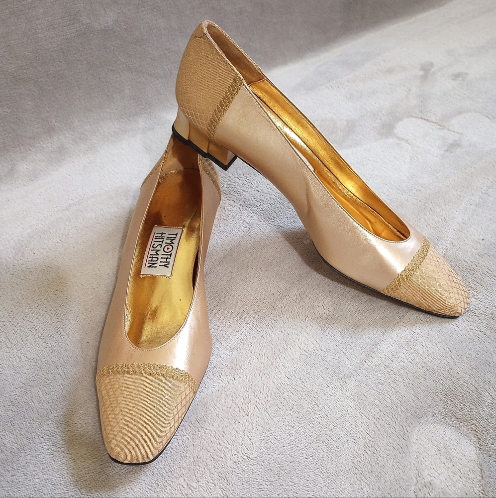 Timothy Hitsman Gold Sculptural Heel Pumps 8.5 Narrow